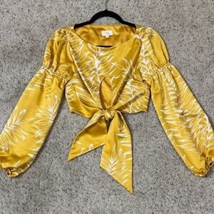 Camila Coelho Yellow Leaf Print Tie-Front Blouse crop tie XS